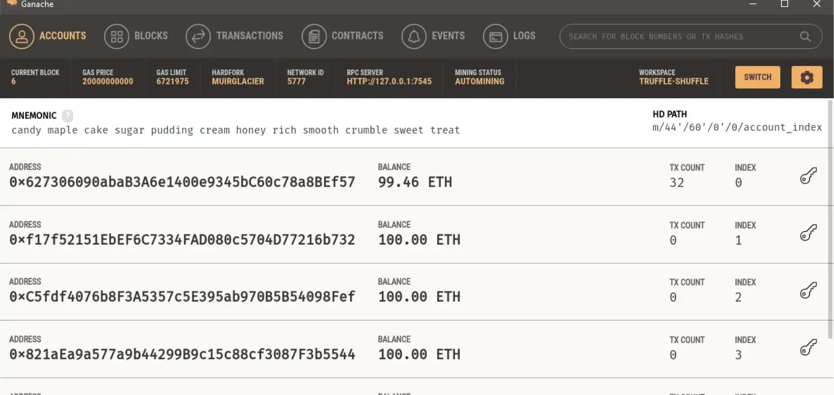 Ganache dashboard showing Ethereum accounts and transaction history